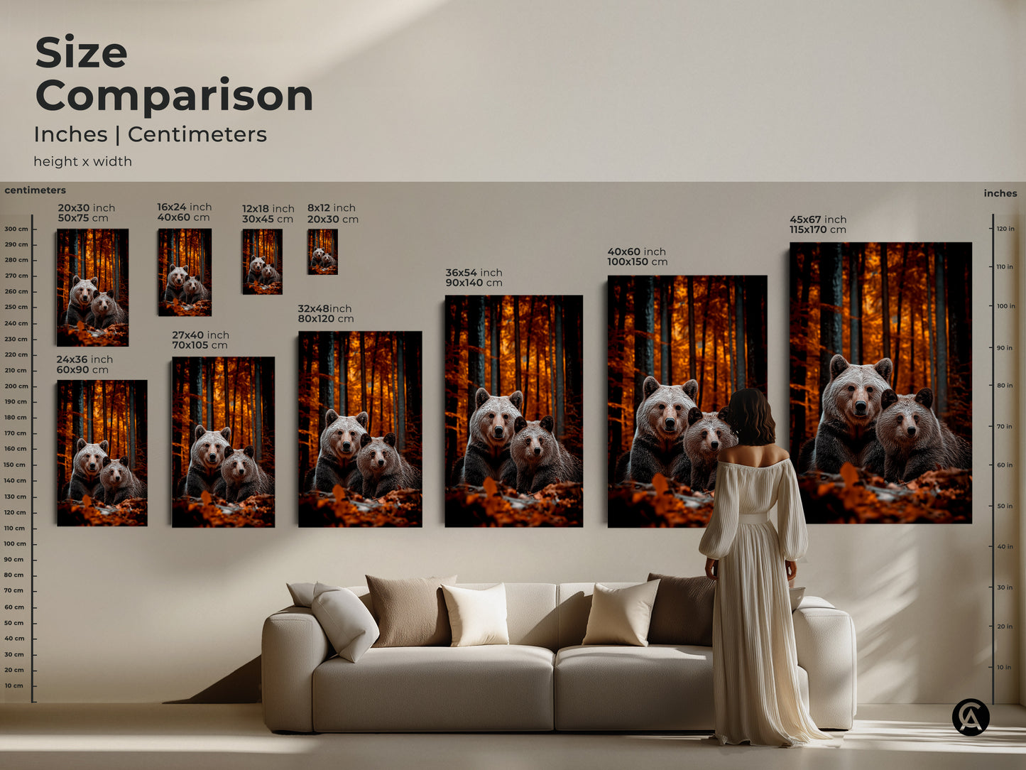 Size comparison of realistic bear family art. See how different sizes look in a living room setting. Visualize canvas and poster prints in inches and centimeters. Perfect for rustic animal decor and cozy home art. Choose the ideal size for your nature-themed space. The autumn forest art is warm and inviting
