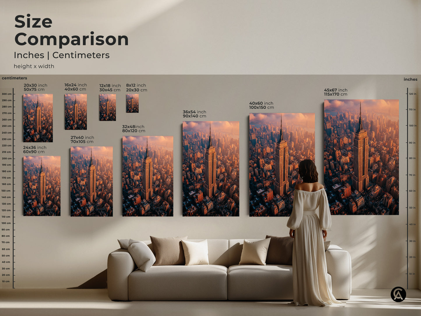 Size comparison of Empire State Building artwork in inches and centimeters. The canvas and poster art ranges from 20x30 cm to 45x67 inches. Visualize the art's impact on your living room or office. See how the different sizes complement your space. Transform your decor with the perfect cityscape art.