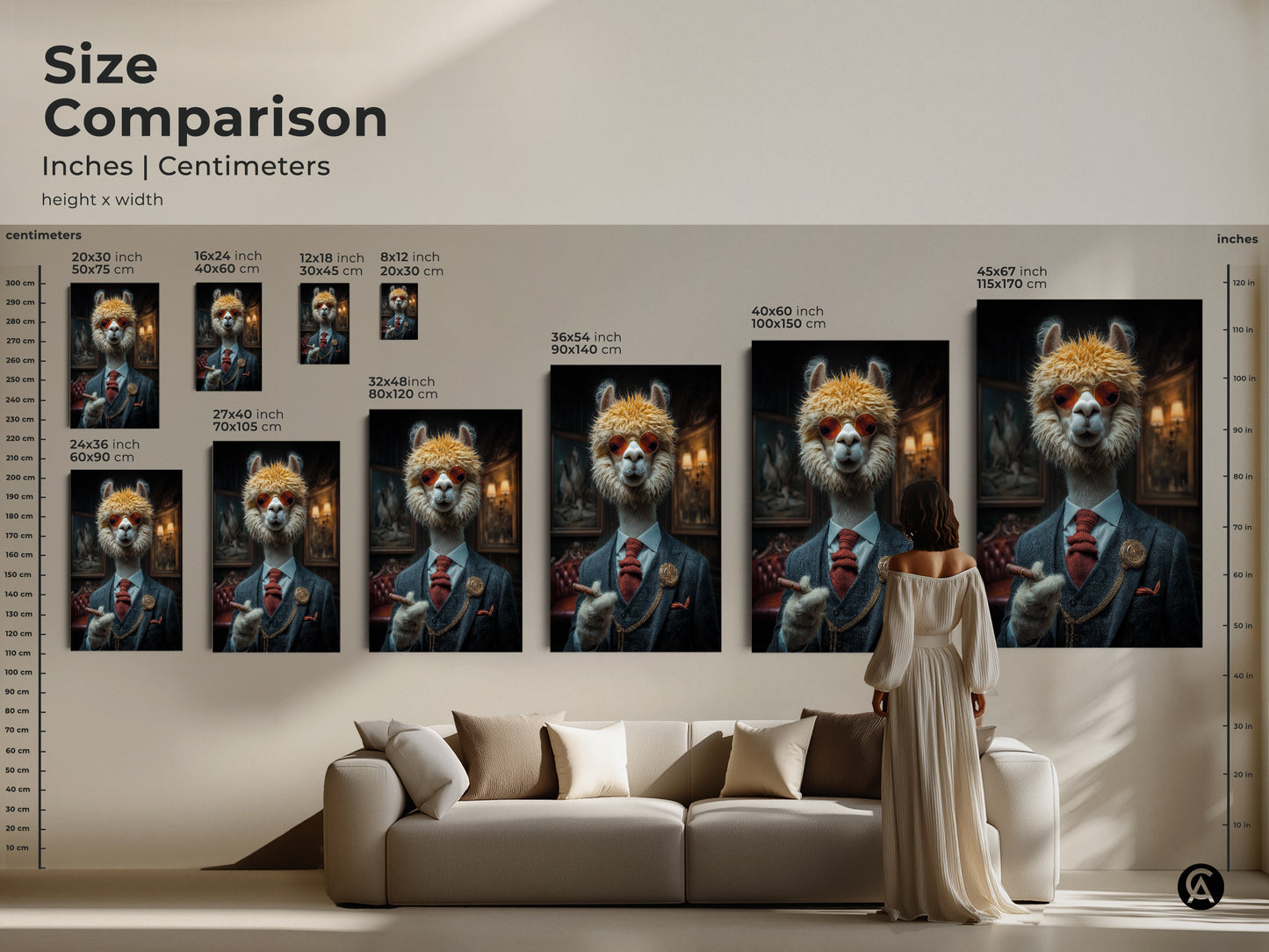 Size comparison of the dapper alpaca art print. See how the artwork scales in various dimensions. From small to extra-large find the ideal size for your unique office decor.