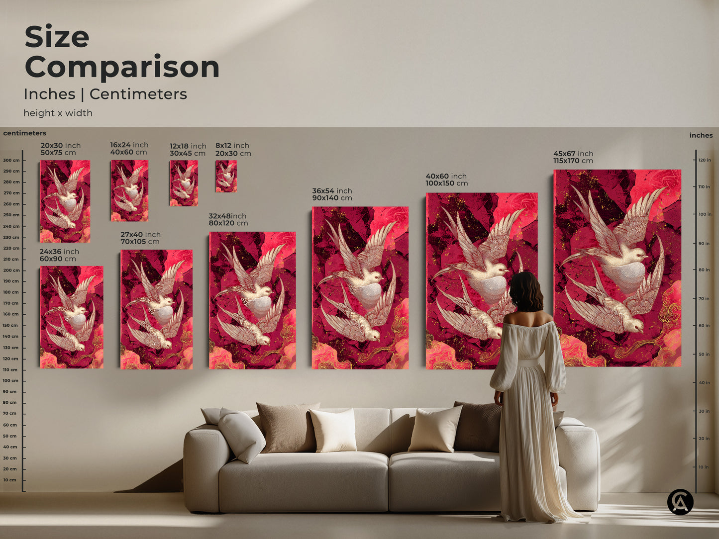 Size comparison of oriental swallow art prints. See how different sizes fit in a living room setting. Choose the ideal dimensions for your space. Discover the beauty of this abstract pink gold decor today.