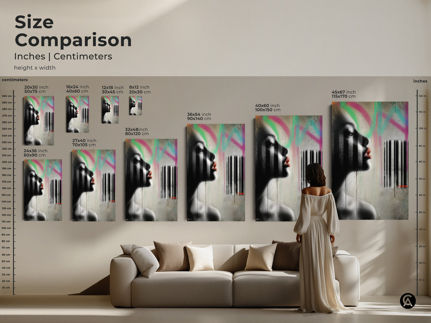 Size comparison showcasing contemporary woman portrait art prints in various sizes. This urban graffiti style canvas features black white and pink abstract elements. See how each size fits above a sofa providing edgy modern flair to your living room decor.