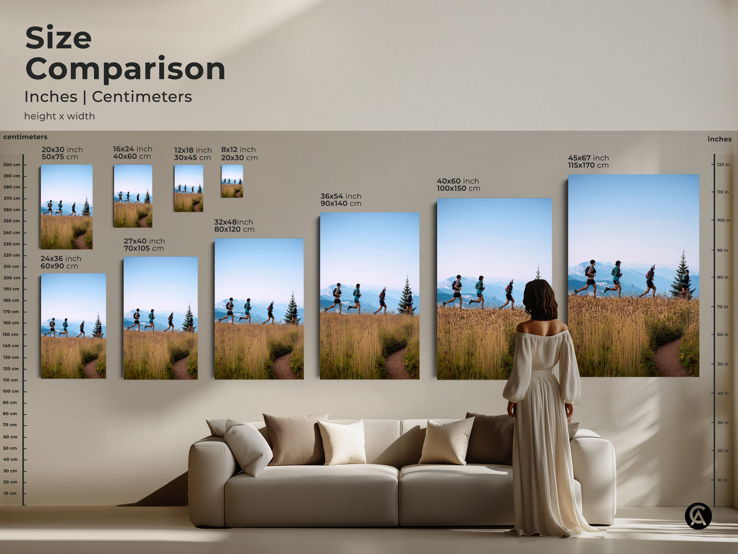 Compare sizes of this scenic mountain landscape artwork in inches and centimeters. See how this trail running canvas print looks in different dimensions. This outdoor adventure artwork is perfect for any space. Visualize the art above a sofa. It's a great way to add athletic home decor.
