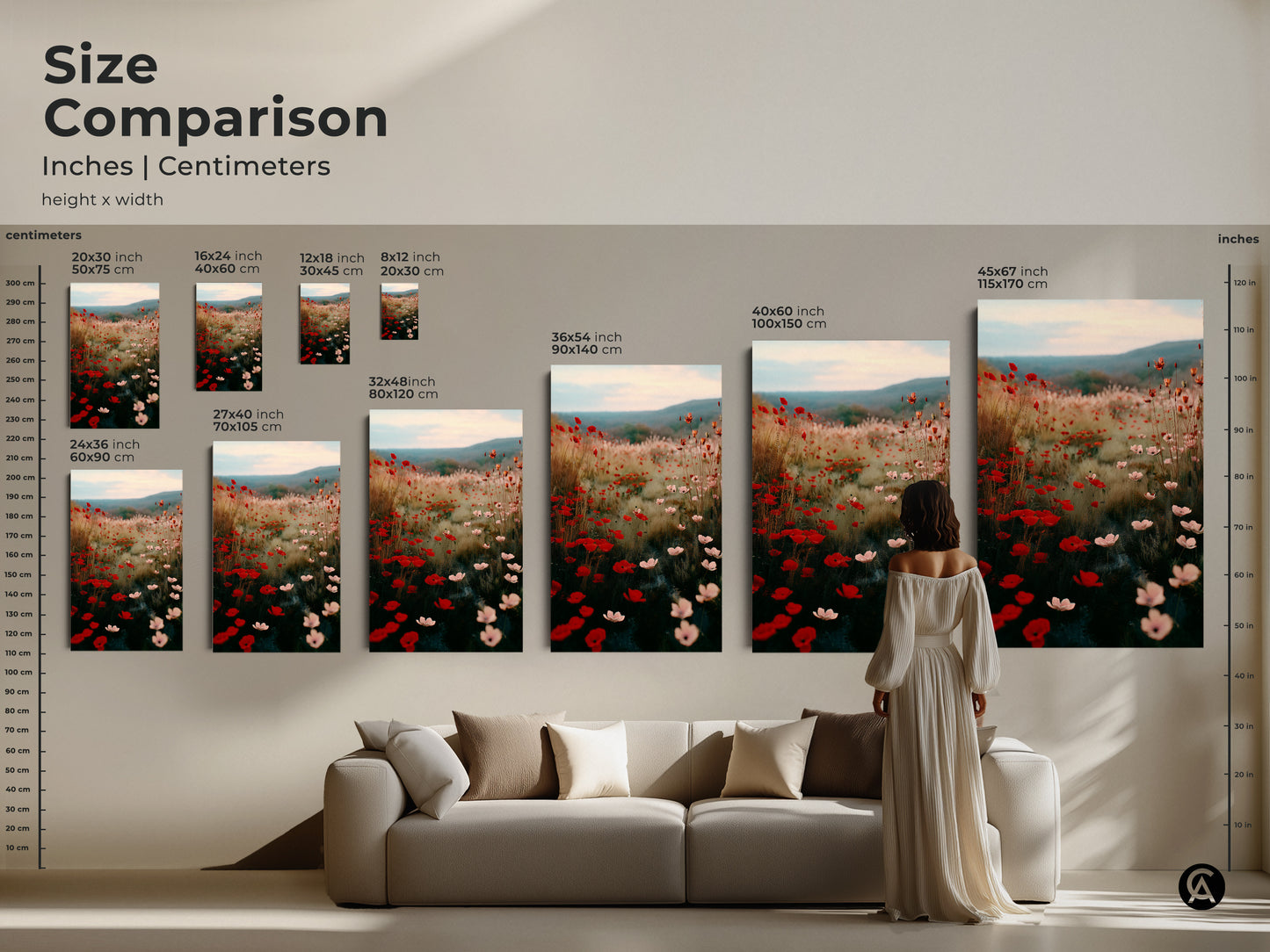 Size comparison of the Crimson Red Poppy Field artwork in inches and centimeters. Visualize how the impressionistic floral canvas fits above a sofa. Available in various sizes this botanical art piece is perfect for adding a touch of bohemian style to your living room decor.