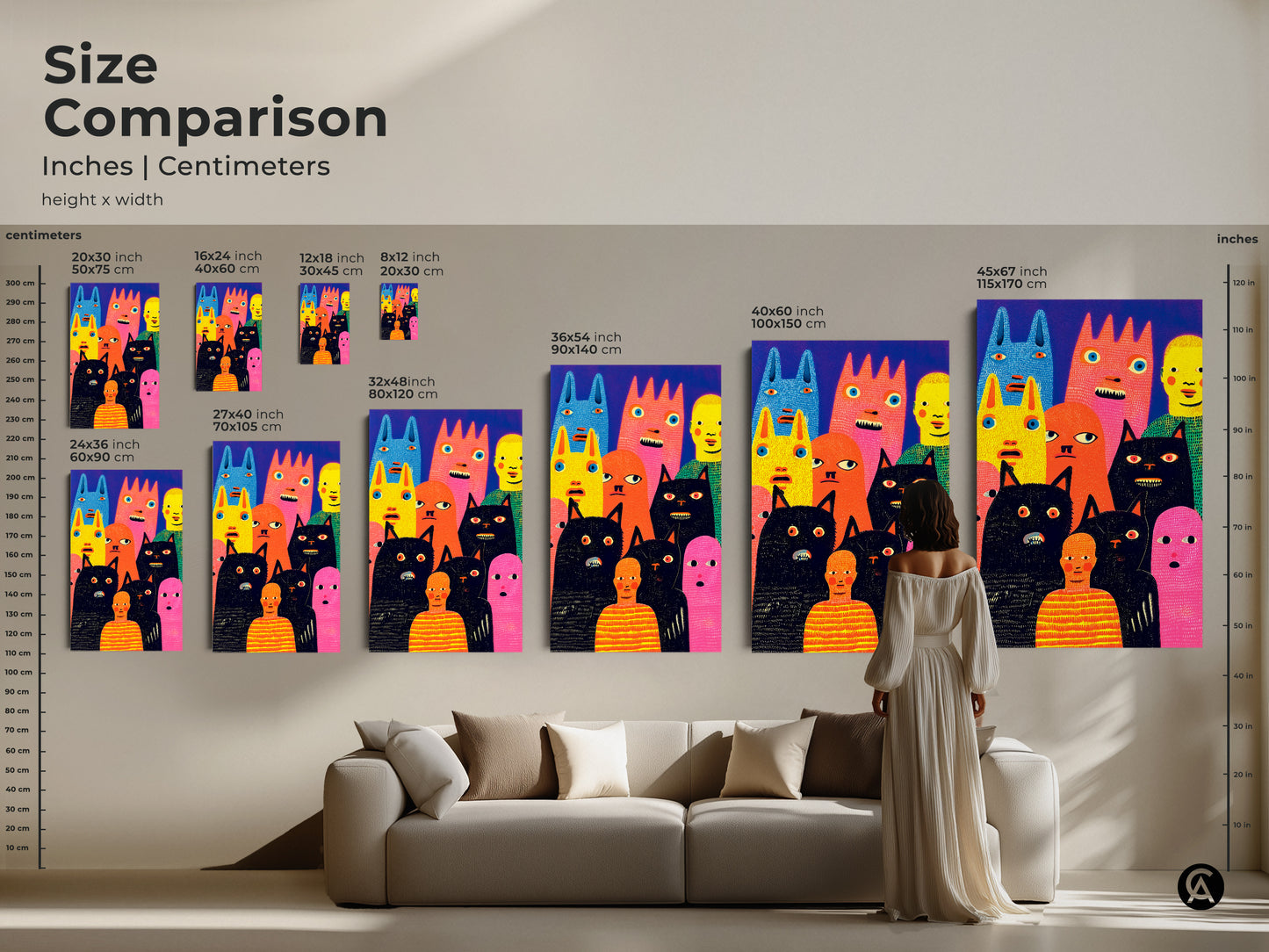 Size comparison of whimsical character art. See how the artwork looks in different sizes. Visualize the art in your living room. Various size options available. Find the perfect fit for your home. Shop now and transform your space. Buy art today!
