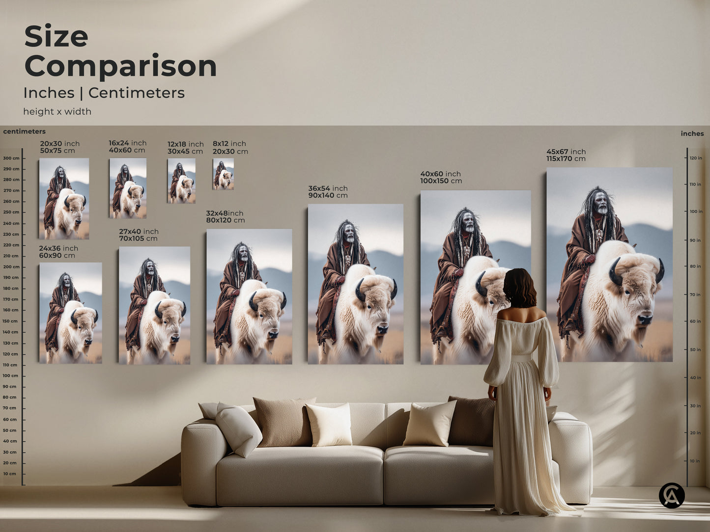 Size comparison of Native American artwork featuring a Native American man riding a white buffalo. See the artwork in inches and centimeters. Visualize how it looks in different sizes above a sofa. Perfect for planning your wall decor. Explore our range of sizes today.