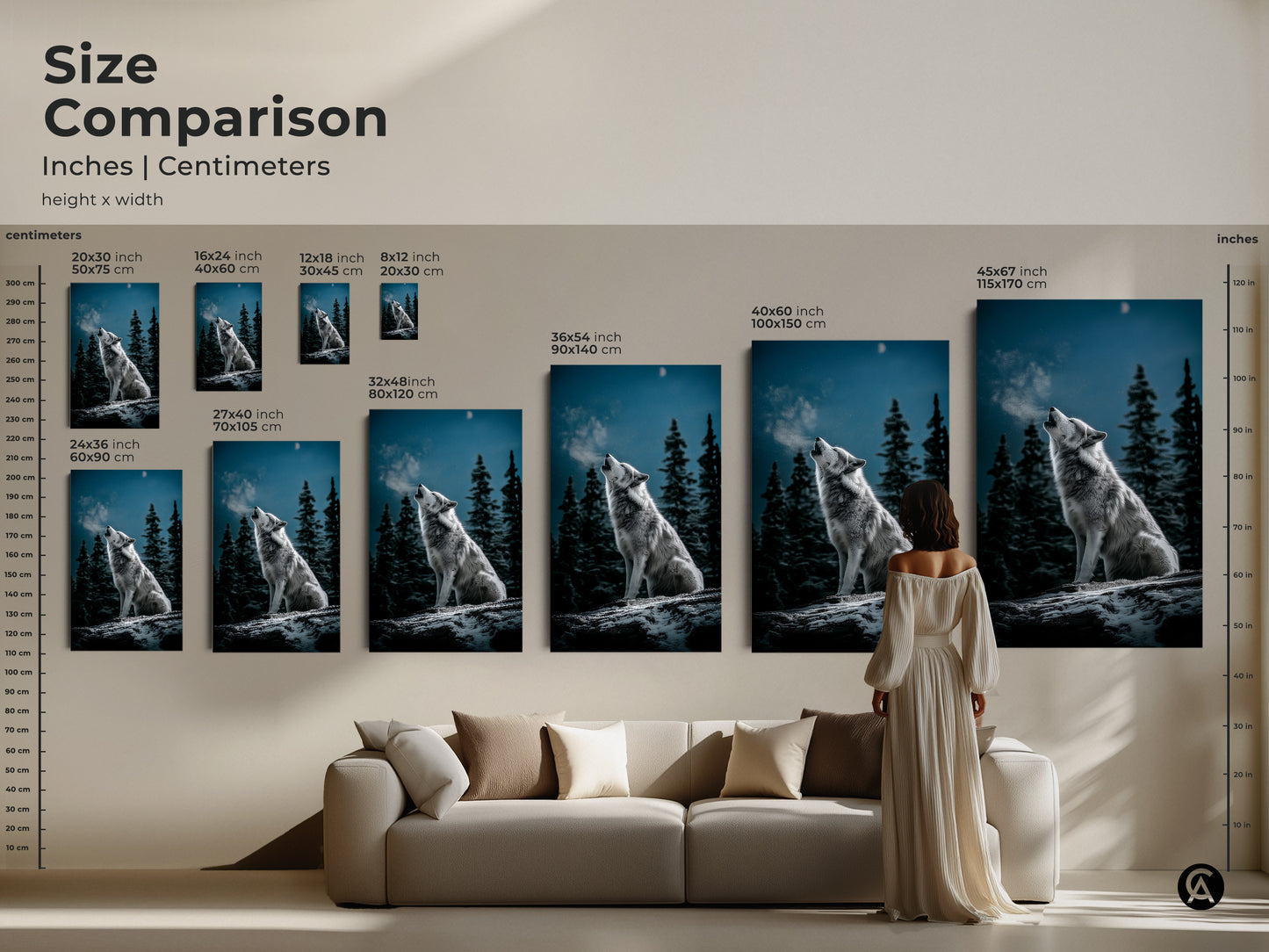 Size comparison of wolf howling artwork in inches and centimeters. See how the canvas print fits above a sofa. Available in sizes from 8x12 to 45x67 inches. Perfect gray blue animal art for any room. Choose the ideal scale for your rustic decor.