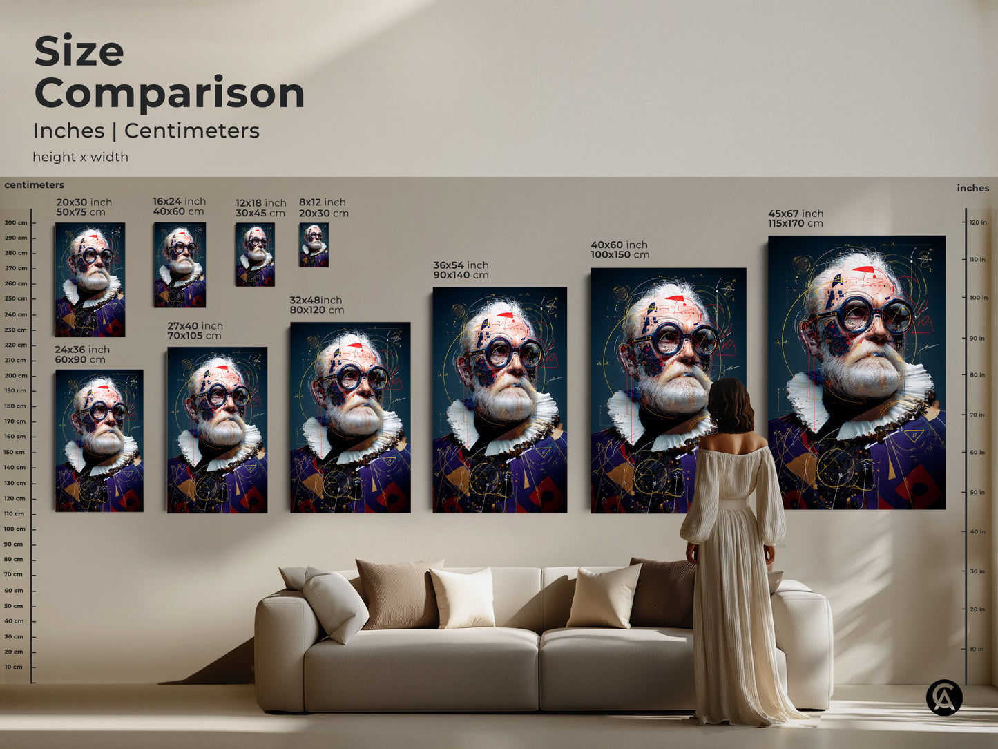 Size comparison featuring the Steampunk Scientist portrait art in different dimensions. See how each canvas fits above a stylish sofa. Ideal abstract art for living room or study decor.
