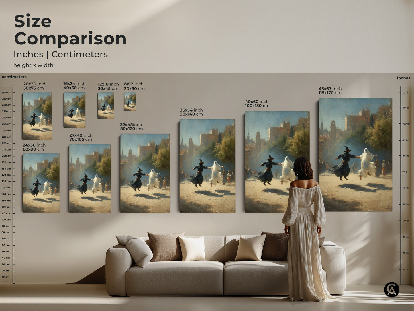 Size comparison of gothic witch and ghost dance art prints for wall art. See how different sizes fit above a sofa. Halloween fantasy wall art in classical realism style. Earth tone wall decor perfect for a study room or eclectic home. A unique wall hanging decor.