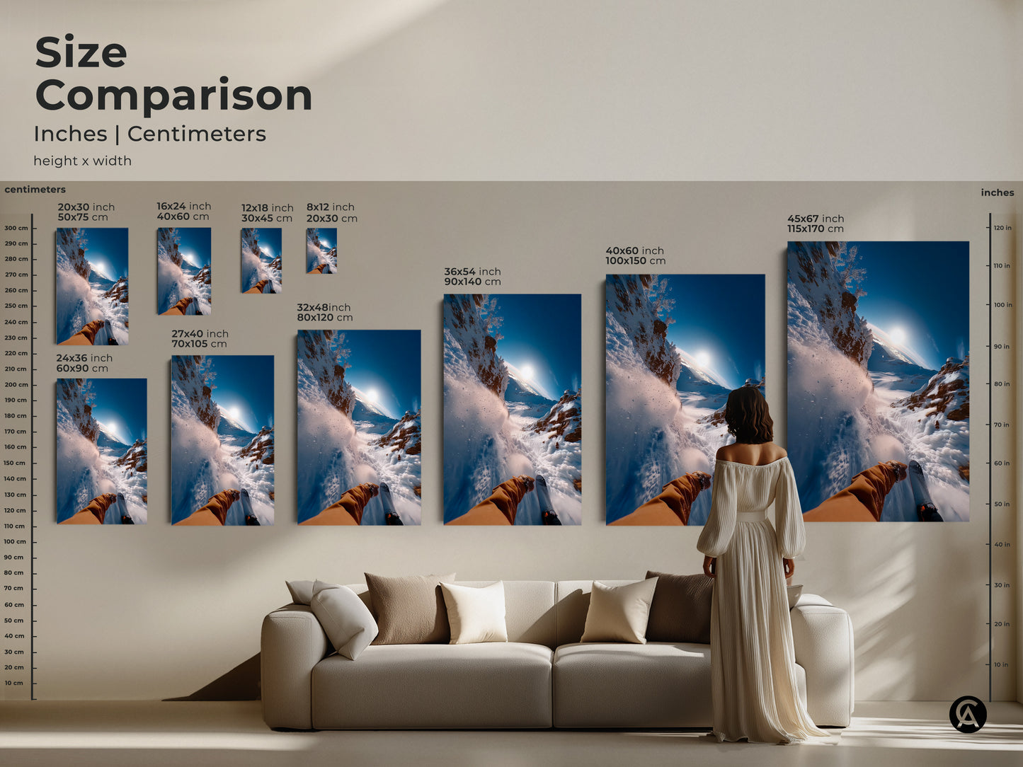 Size comparison of ski art prints in inches and centimeters. See how different sizes of canvas and poster artwork look. From 20x30 cm to 115x170 cm. Find the ideal size to create a stunning focal point in your room.