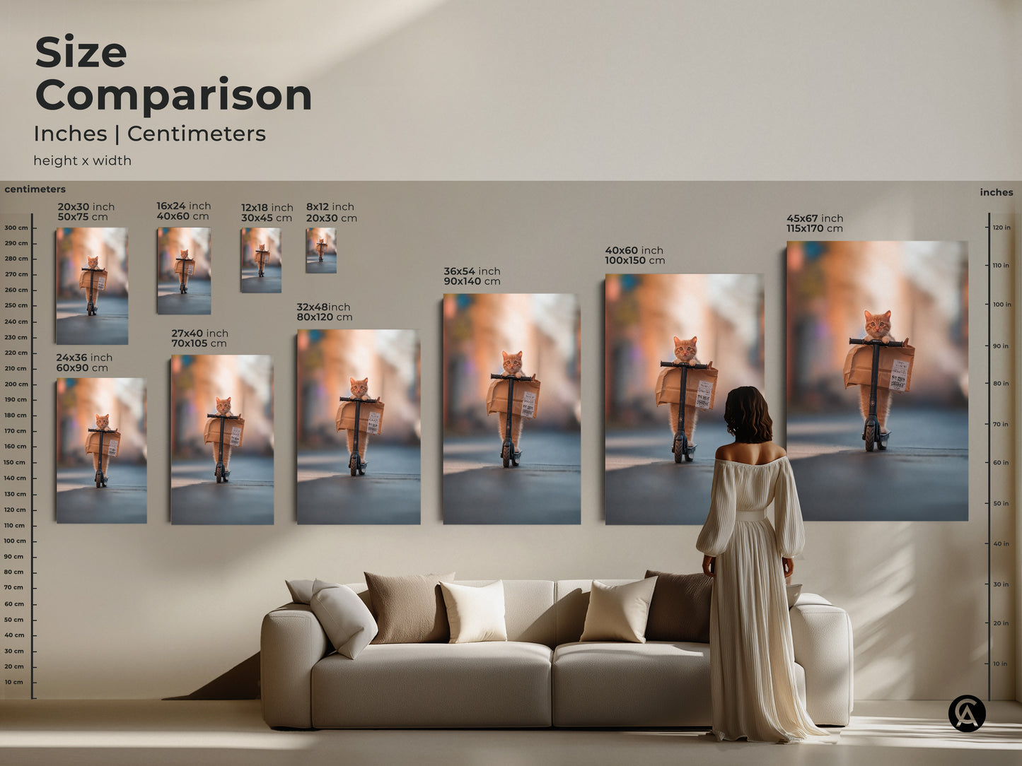 A size comparison showcases the cat artwork in different sizes. See how the artwork looks above a sofa. Artwork available as canvas or poster. Sizes in inches and centimeters.