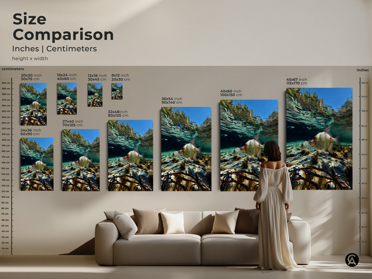 Size comparison of underwater fish art in inches and centimeters. Featuring photorealistic wildlife art in sizes from small to large. Canvas and poster prints displayed above a sofa. Adds a coastal touch to your living room.