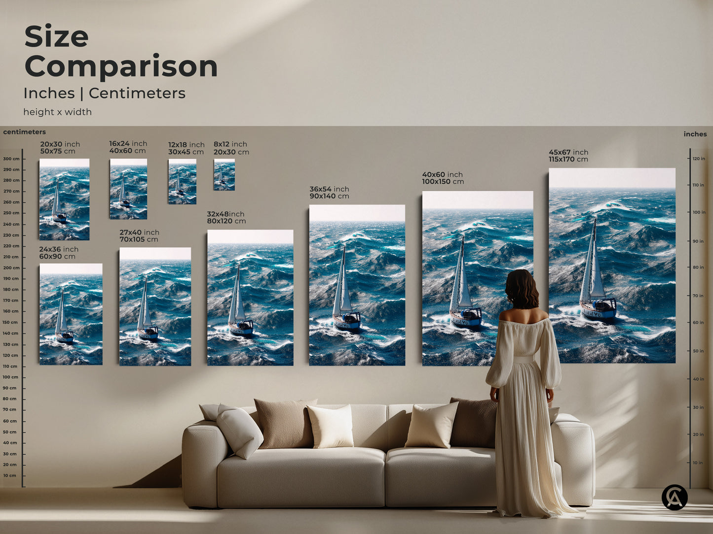 Size comparison of our sailboat on ocean waves art prints. This nautical decor piece is available in inches and centimeters. Find the perfect fit for your space. Options include deep blue canvas prints and posters. Perfect for creating a coastal living room atmosphere.