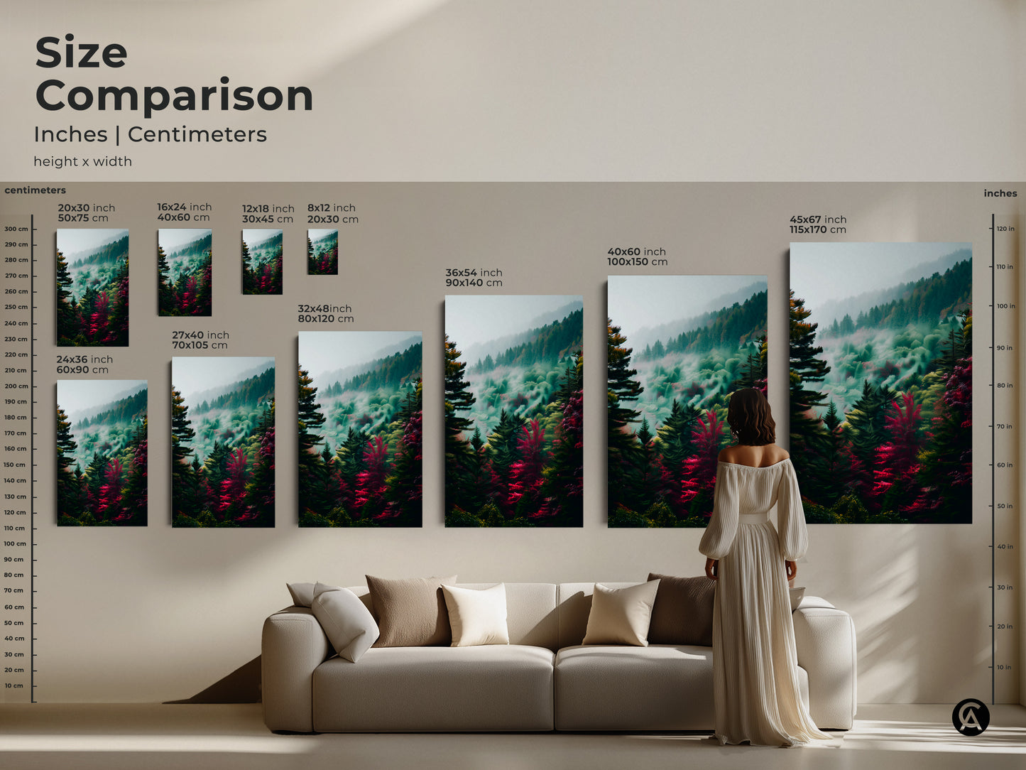 Size comparison of forest art prints in inches and centimeters. See how different sizes of canvas and poster prints look in a living room. Find the perfect fit for your home decor.