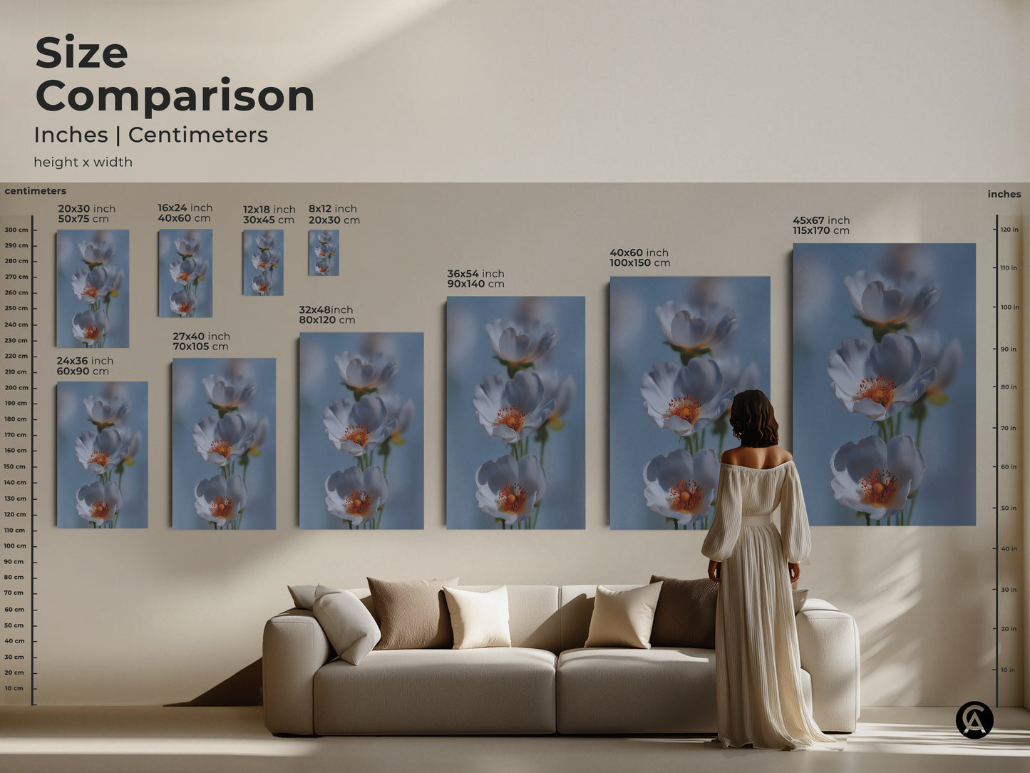 Size comparison of delicate white flower artwork. See how the art print fits above a sofa. Visualize the light blue botanical art in different sizes. This soft focus floral canvas adds a serene touch. It makes a perfect housewarming gift and enhances any Scandinavian home decor.