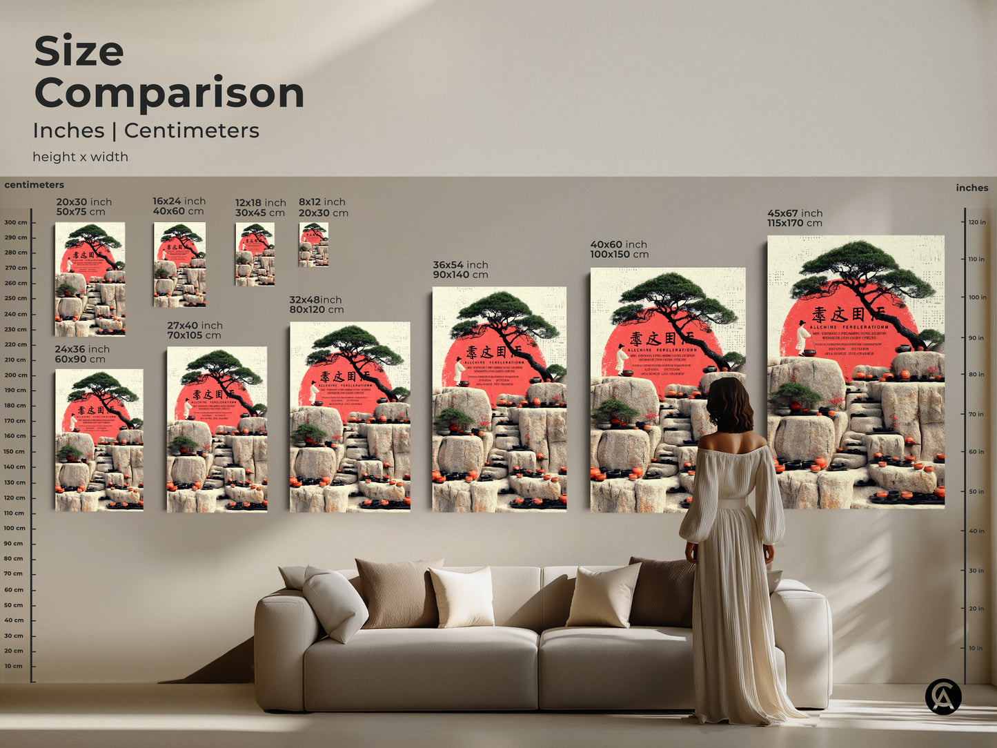 Zen Garden art print size comparison in inches and centimeters. See how this Japandi minimalist piece fits your space. The bonsai tree stone lanterns and red sun sizes vary.