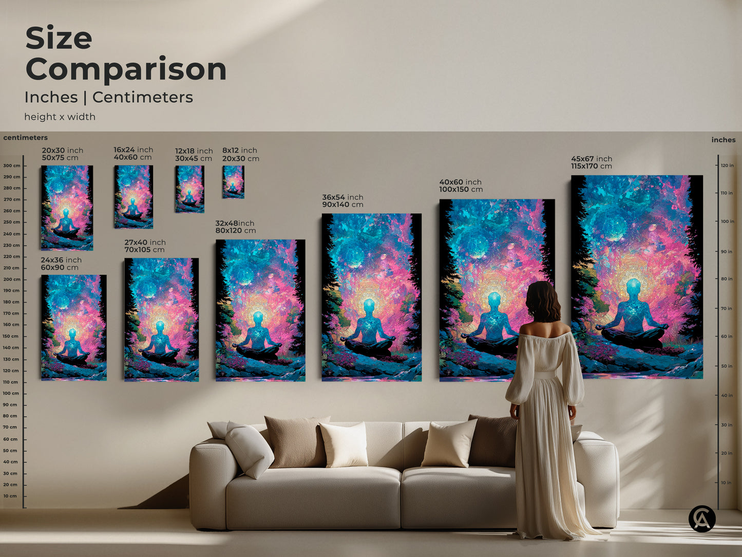 Size comparison of meditative figure artwork in inches and centimeters. Visualize various dimensions for canvas and poster prints. See how the artwork fits in a living room setting. Choose the ideal size for your spiritual wall decor. Transform your home with art.