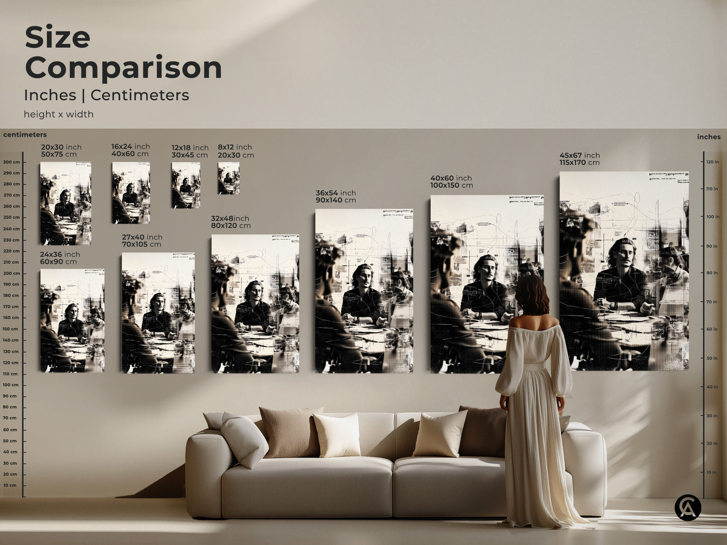 Size comparison for the abstract monochrome people artwork. See how different canvas and poster print sizes look above a sofa. Perfect for visualizing the scale in your space. This business meeting sketch art makes a great addition to any modern workspace.