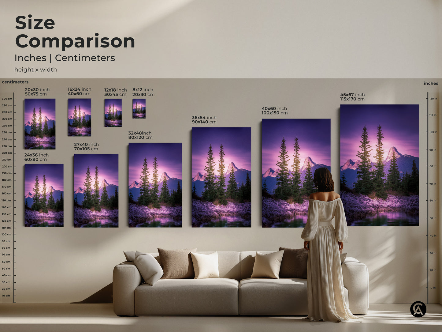 Size comparison of mountain landscape art in inches and centimeters. See how different sizes fit above a couch. Alpine lake art print for your living room nature print or bedroom decor.