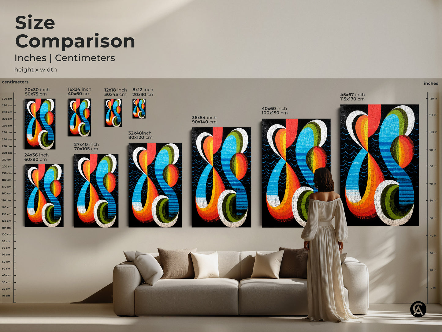 Size comparison of geometric abstract artwork in inches and centimeters. See how various sizes fit in a modern living space. This mid-century modern wall art with its retro orange blue and red tones makes a bold statement. Perfect for art enthusiasts and interior decor.