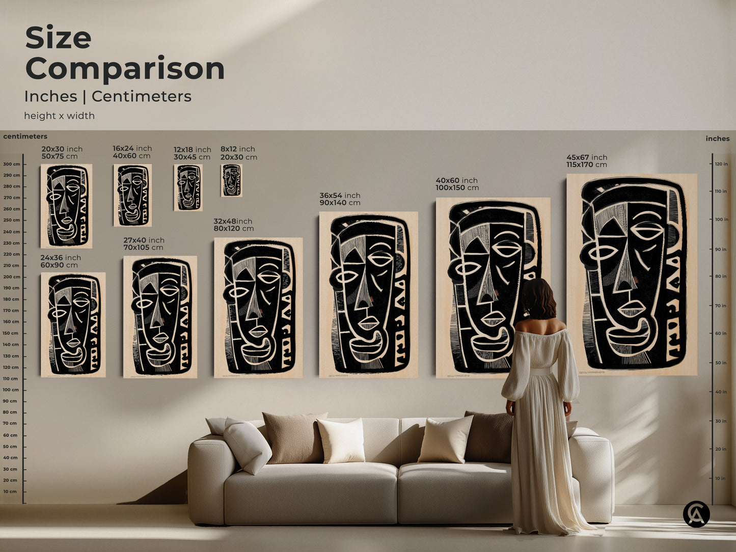 Size comparison of the abstract face artwork in inches and centimeters. Visualize how different sizes fit above a sofa. Perfect for choosing the right dimensions for your eclectic entryway decor and contemporary home accent.