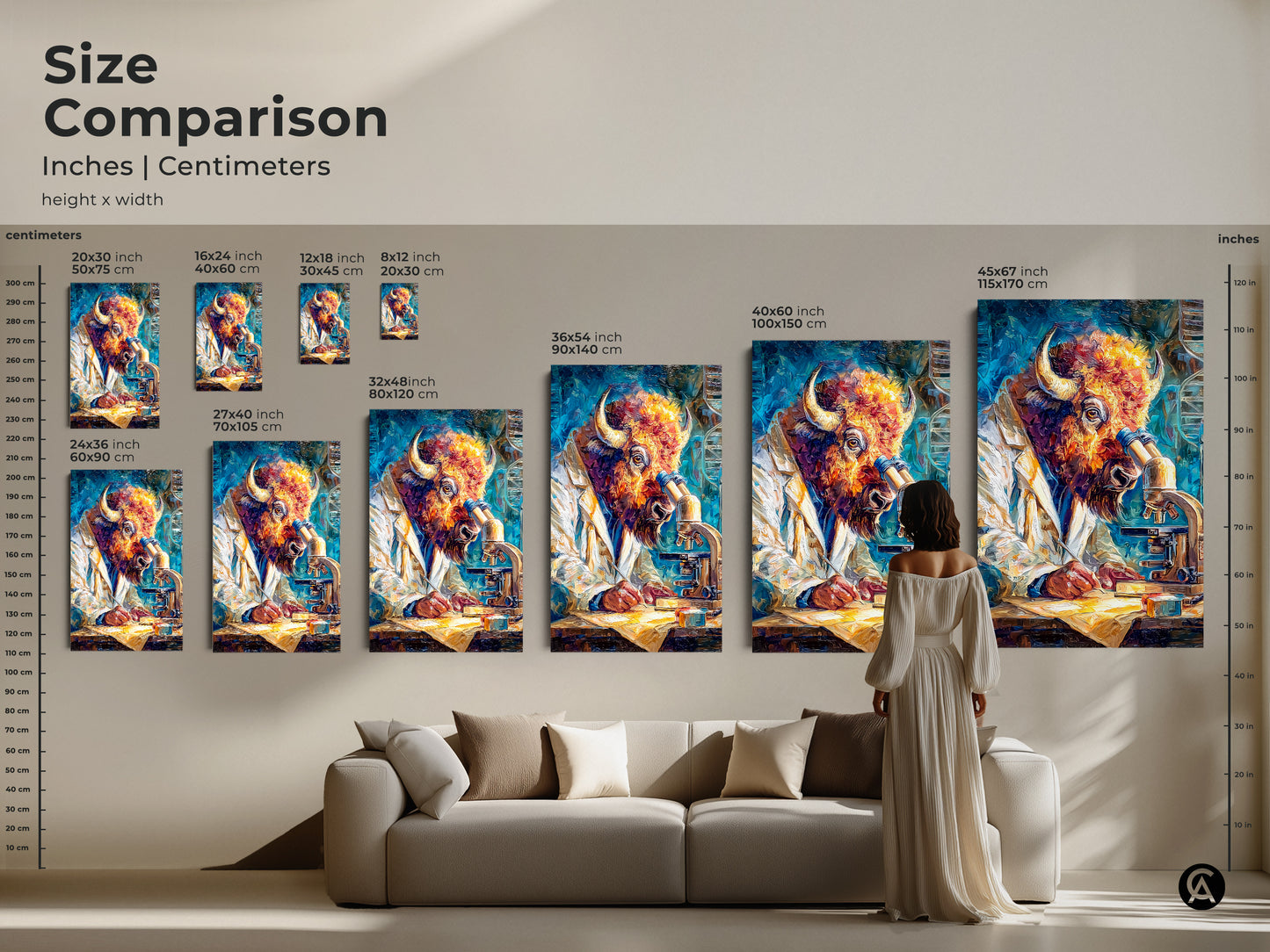 Size comparison of buffalo scientist artwork. See the art in inches and centimeters. Visualize the art in different sizes. It ranges from small to large. Compare sizes to a sofa and a person. Choose the perfect fit for your space.