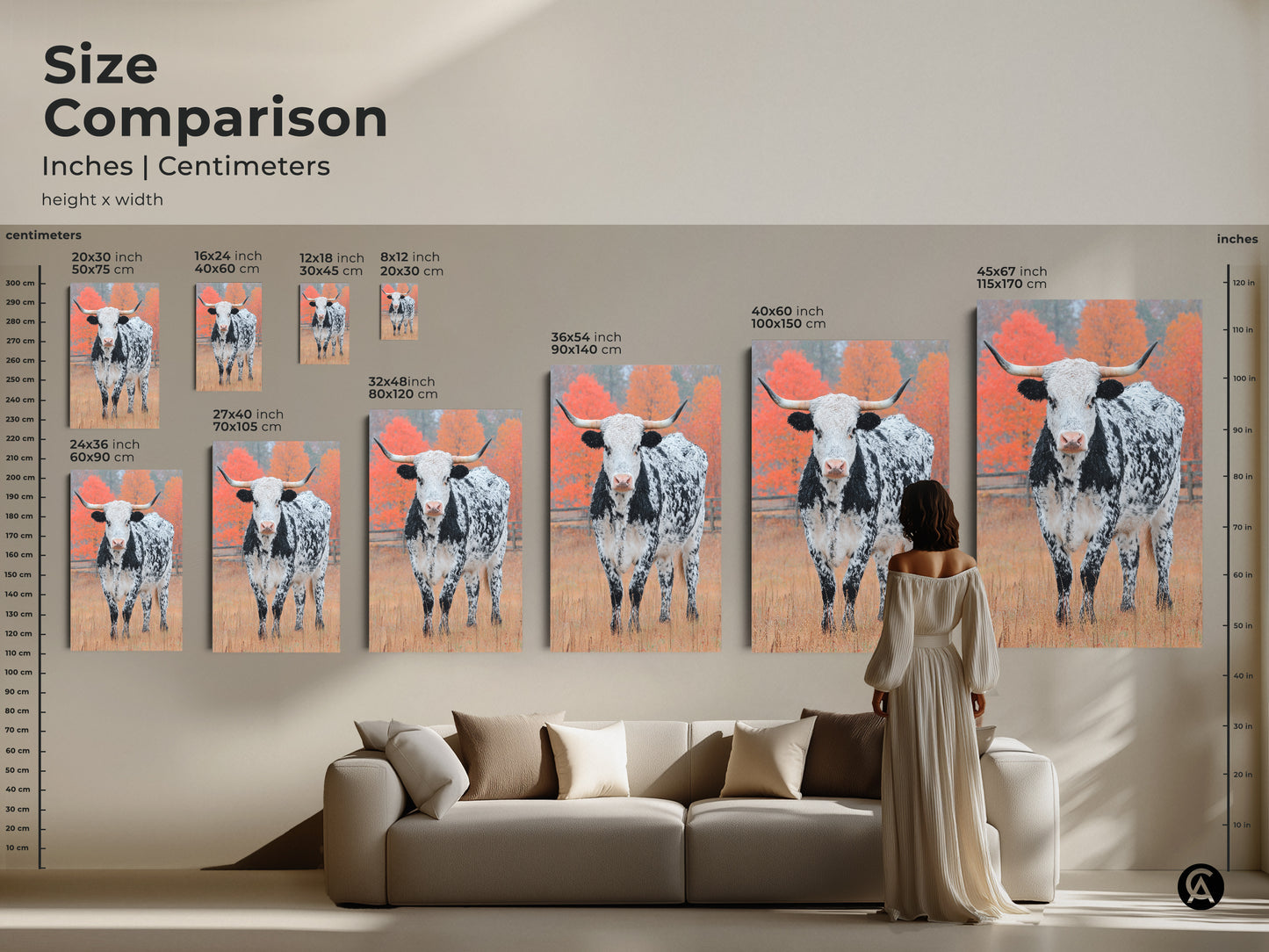 Compare sizes of Longhorn Cow art. This artwork comes in inches and centimeters. Find the perfect fit for your room. See how different sizes transform your space. Explore options now