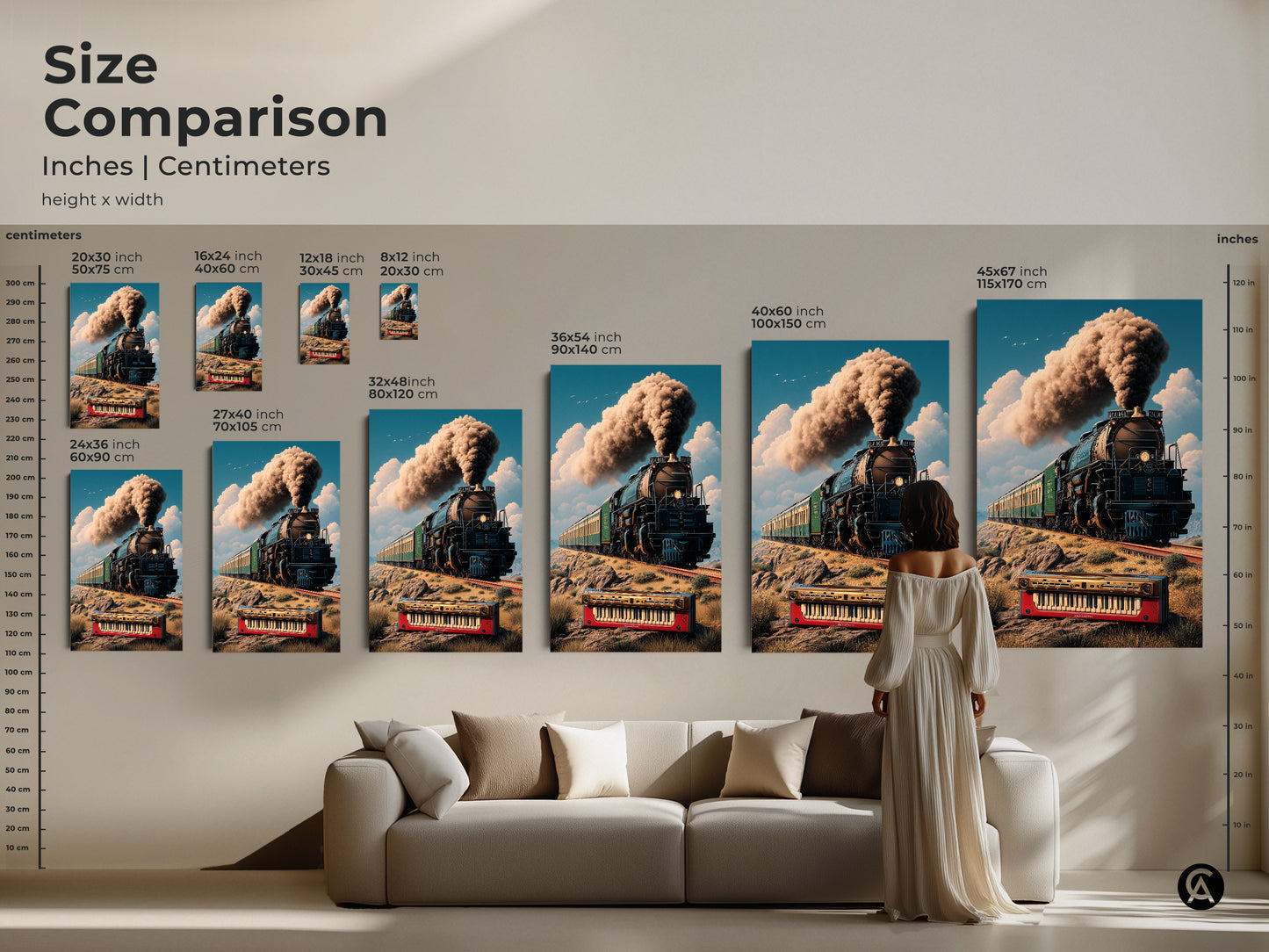 Size comparison of steam train artwork canvas prints in inches and centimeters. See how this surreal print with retro locomotive and keyboard fits your space. Ideal for music travel themed eclectic decor. Perfect art for study room or office. Visualize the best size for your home.