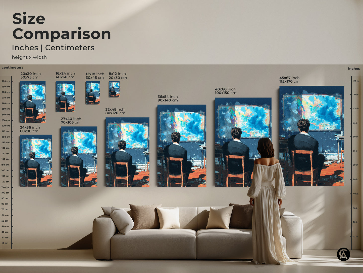 Compare sizes of 'The Observer' artwork in inches and centimeters. This size comparison guide helps you choose the ideal dimensions. The artwork features a man contemplating a world map. Find the perfect fit for your living room or office. Elevate your space with art.