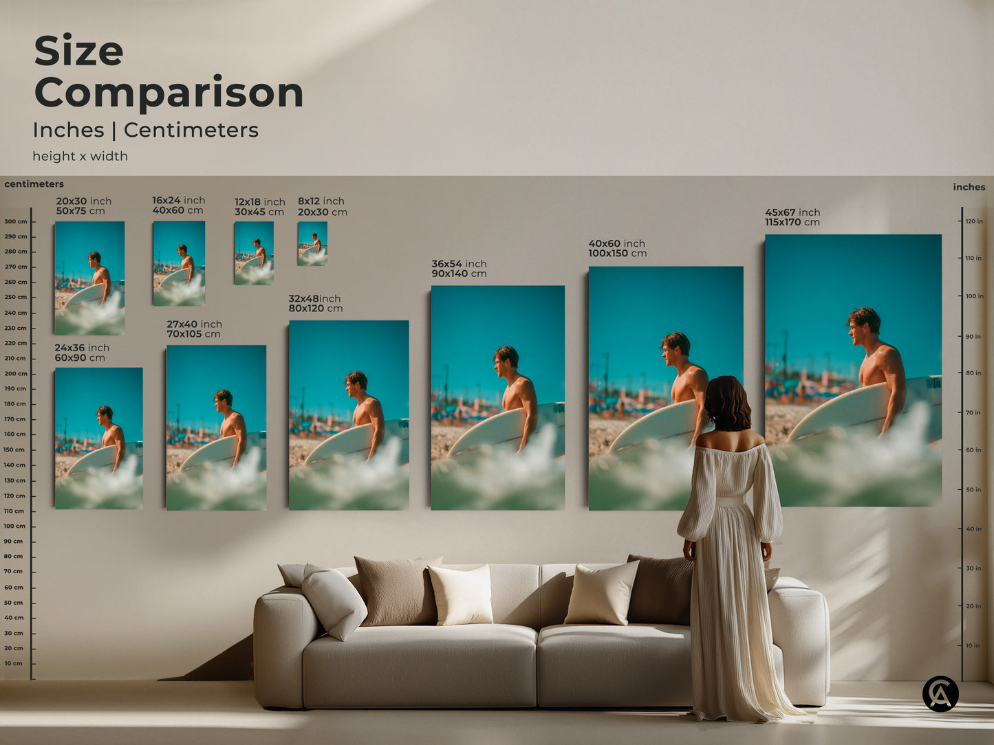 Size comparison of surfer artwork in inches and centimeters. The artwork is displayed above a couch to show scale. Sizes range from small to large. See how this art will look in your living room.