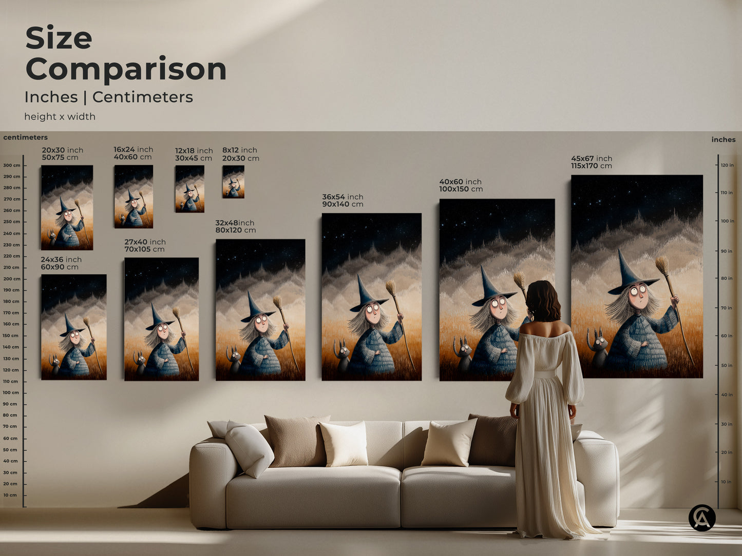 Size comparison of witch and cat art in inches and centimeters. Visualize the art in a living room setting. Perfect for kids room wall decor and Halloween themed art. Enhance your home with a magical night sky artwork.