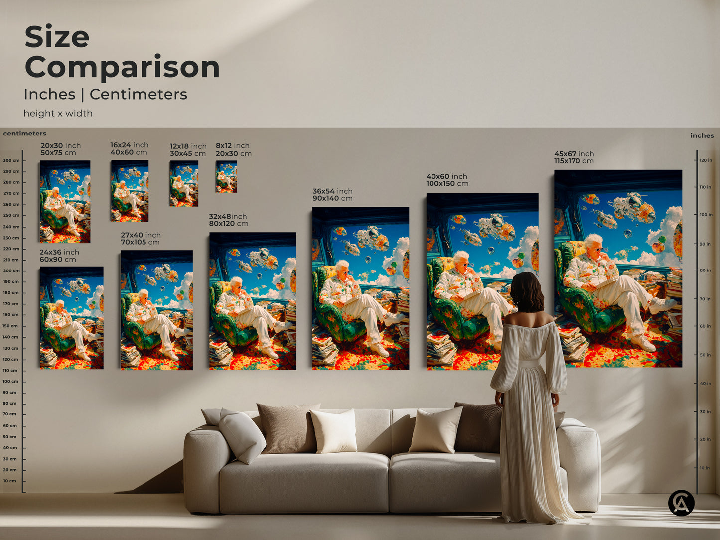 Size comparison of the artwork in inches and centimeters. The artwork is available in various sizes. See how it looks in a living room setting. Choose the perfect size for your space. Transform your home with this unique art piece today.