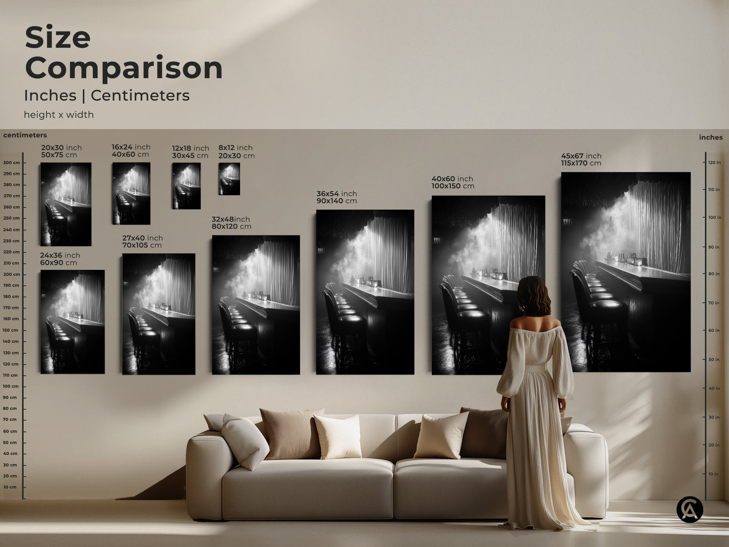 Size comparison of monochrome bar prints. See how the artwork fits above a sofa. Various sizes are shown for canvas and poster prints. Find the ideal scale for your lounge or home bar. Sizes range from small to large.