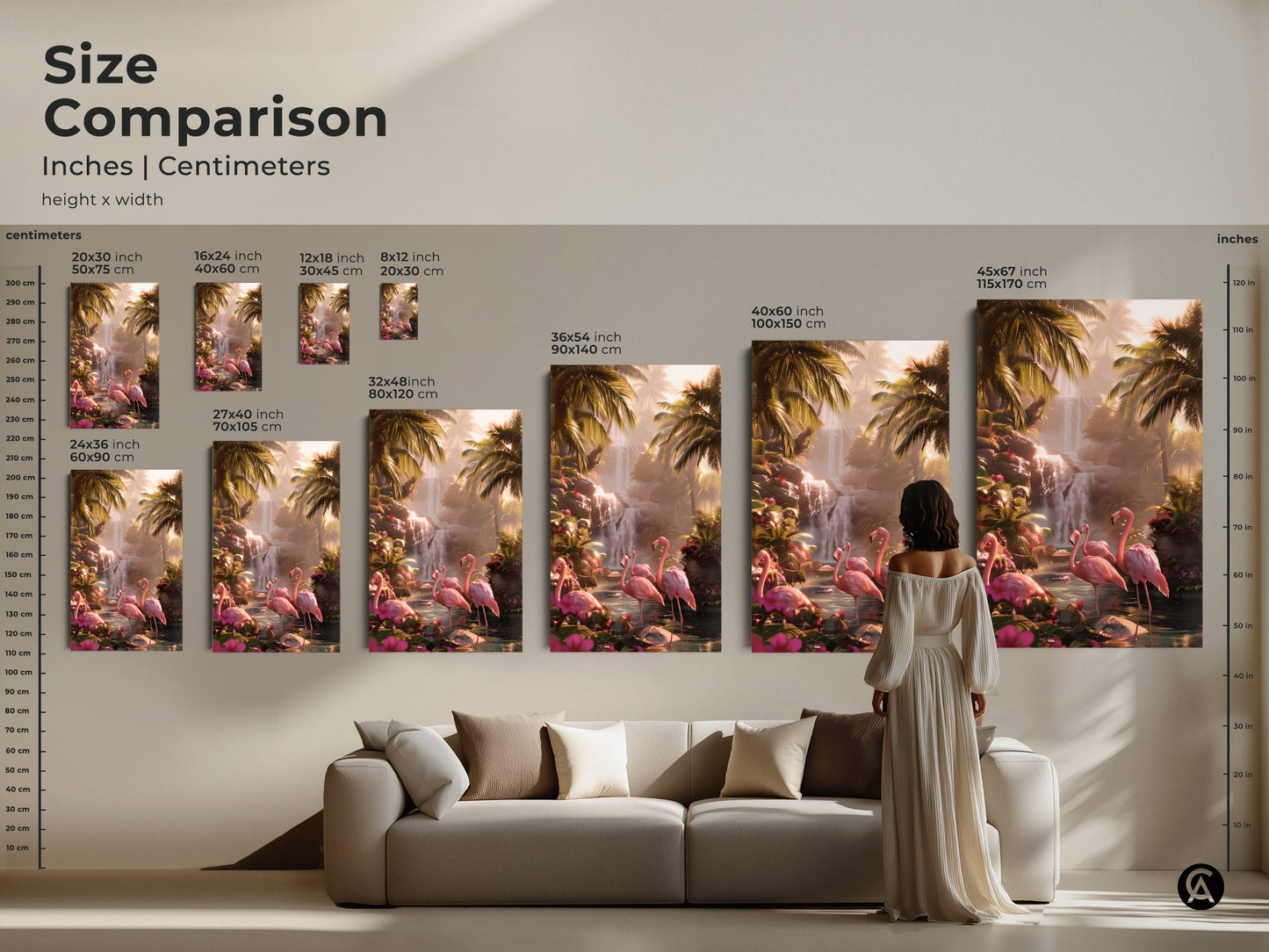 Size comparison of pink flamingo art. Inches and centimeters are shown. Various sizes of canvas and poster prints. Tropical waterfall artwork. Perfect for any room from small accent pieces to large statement art.