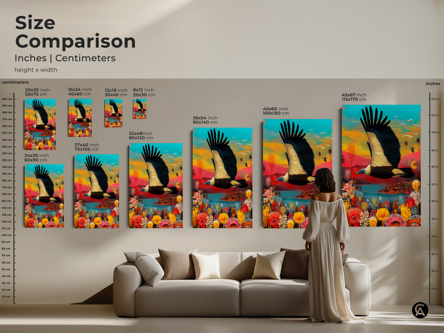 Size comparison of the colorful vulture art print. View the tropical wildlife landscape canvas in different dimensions. Artwork fits perfectly above a sofa. It is ideal for adding eclectic nature decor to your home.