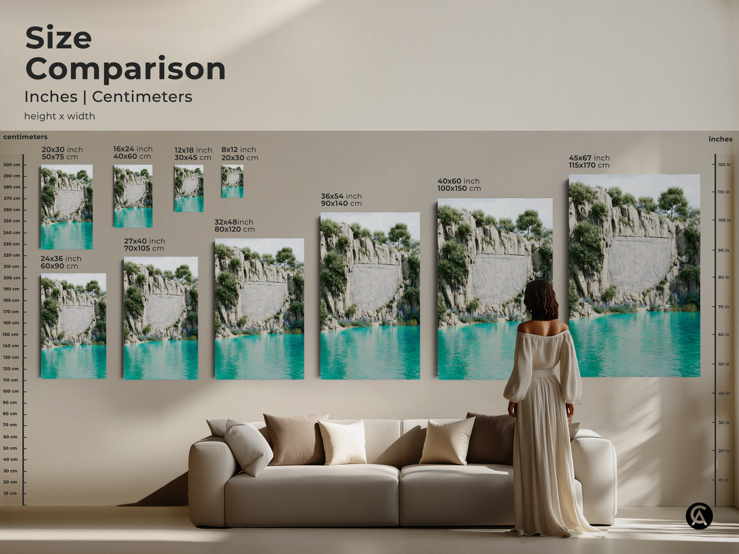 Size comparison of surreal cliff landscape artwork in inches and centimeters. See how the art fits above a couch. Available in various sizes as canvas or poster prints. This eclectic home decor nature art is perfect for travel enthusiasts and bohemian art lovers. Find the ideal size.