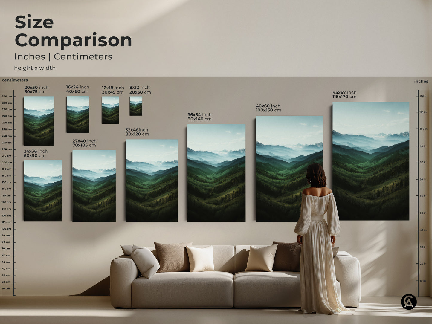 Size comparison of forest green mountain landscape art in inches and centimeters. See how each size complements your living room. Choose the perfect scenic landscape print now.