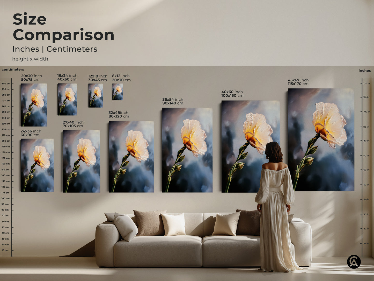 Size comparison of a cream and yellow flower art print. See how canvas and poster sizes fit above a sofa. Visualize the impact of different sizes on your living room. Perfect for contemporary botanical decor and housewarming gifts.