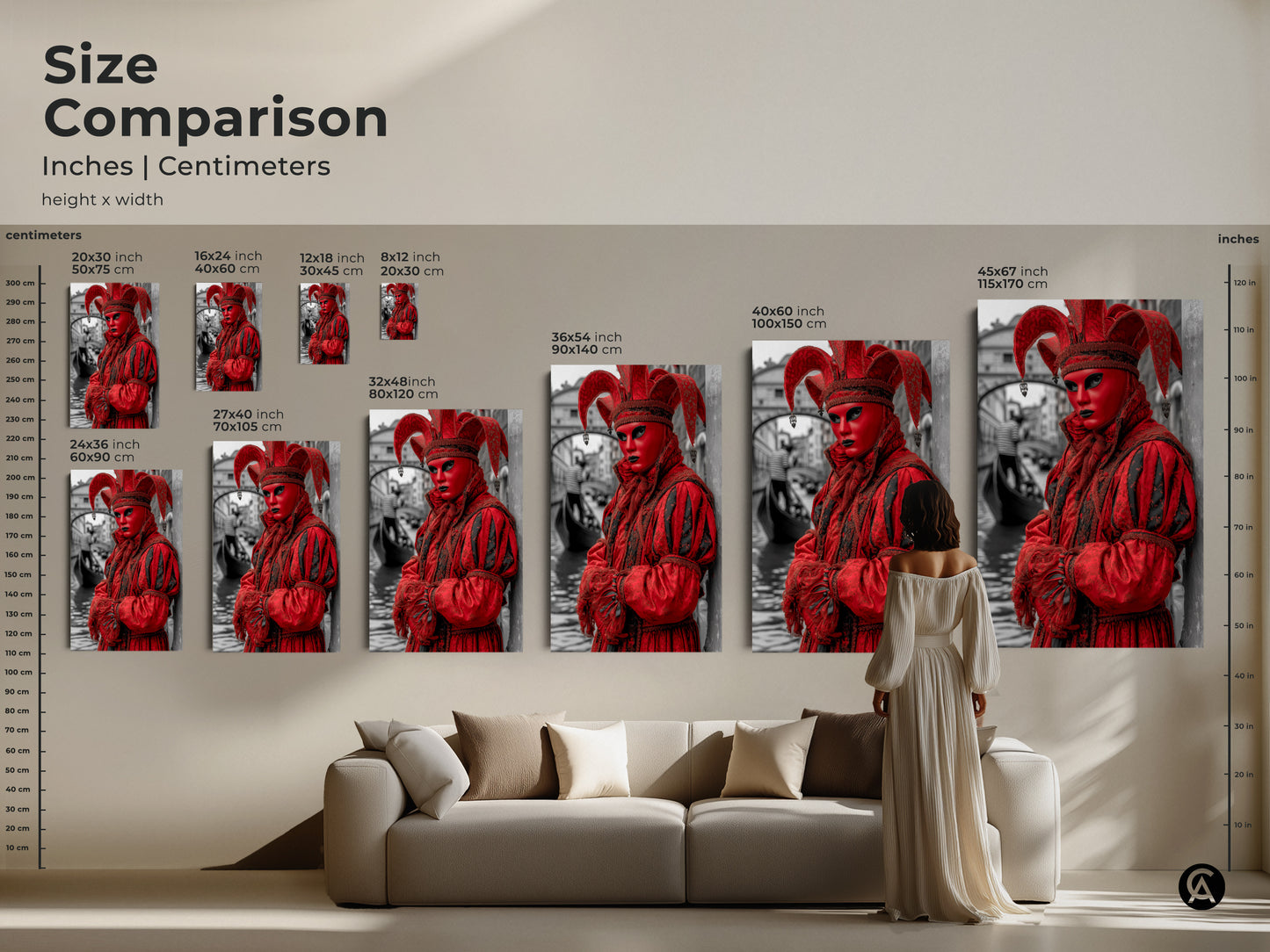 Size comparison for Venetian carnival artwork. See how different sizes of the red masquerade canvas print fit above a couch. Options range from small to extra-large perfect for any space. This Italian scene transforms your home into a dramatic display.