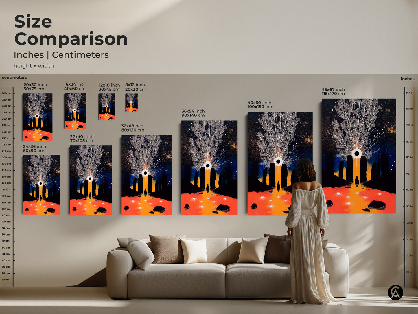 Size comparison of Tree of Life & Eye artwork in inches and centimeters. See how different sizes fit above a couch. This cosmic night sky print is perfect for any room. Choose the ideal dimensions for your abstract fantasy art. A unique statement for lovers of spiritual eye prints.