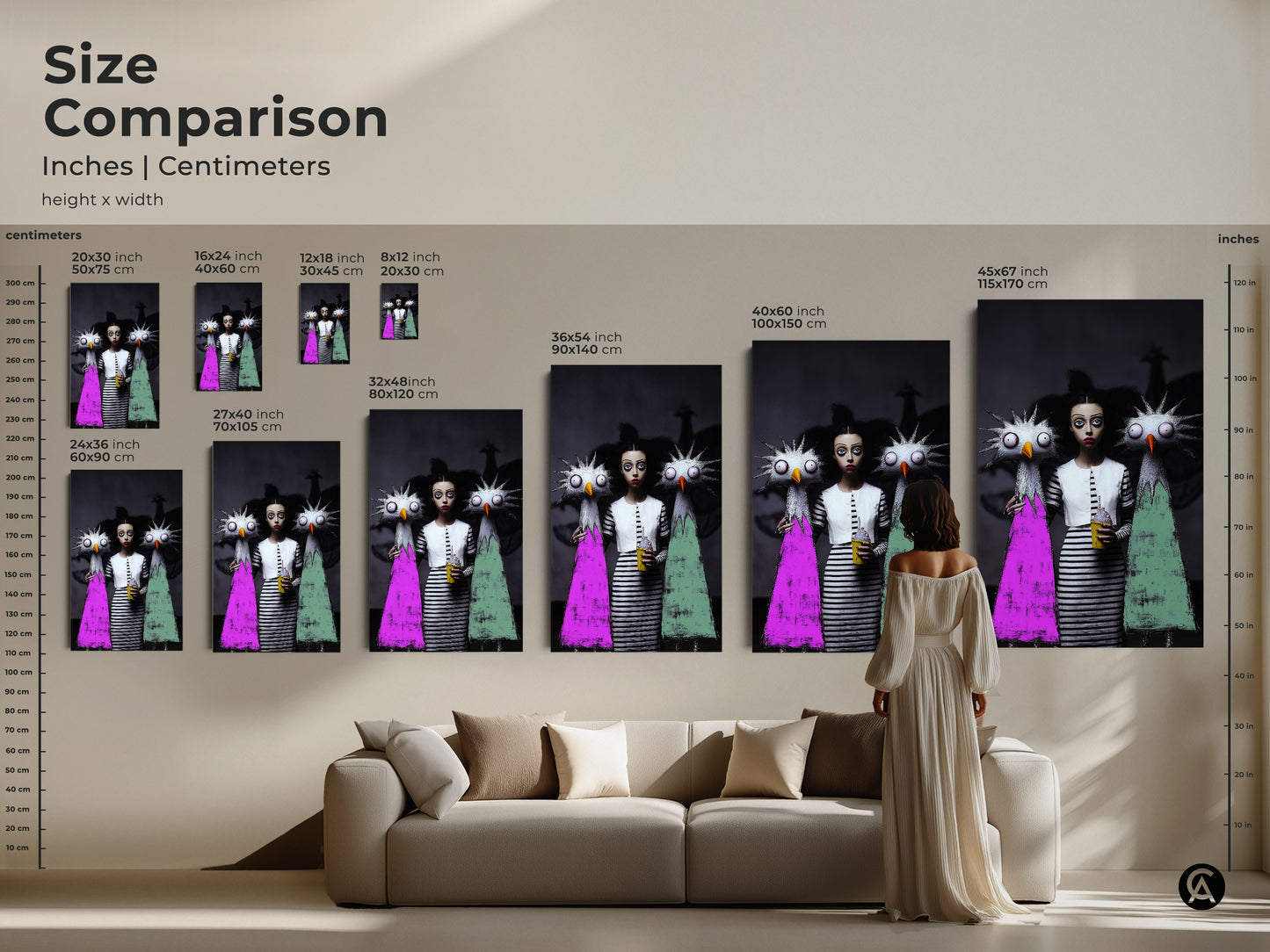 Size comparison of inches and centimeters for bizarre art. This quirky figurative art print is available in various sizes perfect for above a sofa. The girl and monster artwork is a unique gift for art lovers.