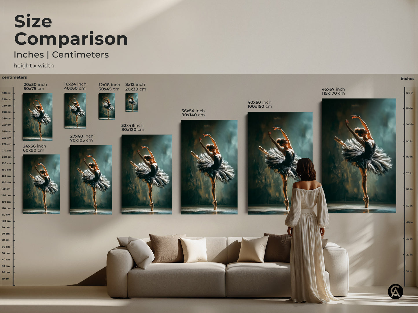 Ballerina art size comparison. See the ballerina artwork in various sizes. Sizes range from small to extra large. Find the perfect size for your living room decor. This canvas art adds elegance to any room.