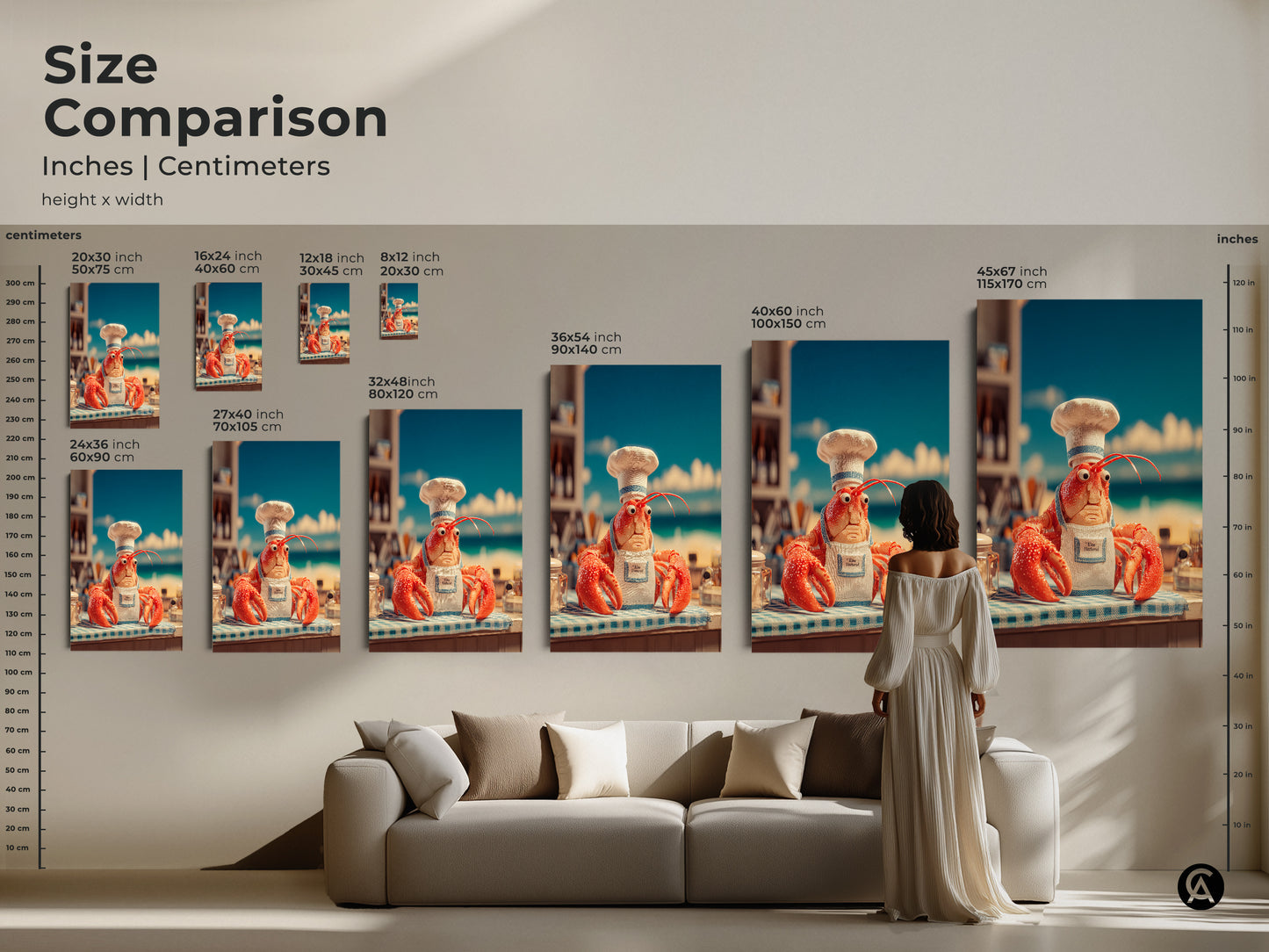 Size comparison of lobster chef artwork in inches and centimeters. See how each size fits above a sofa for reference. Choose from various sizes to suit your space. Perfect for adding a touch of humor to your home decor. Get yours today!