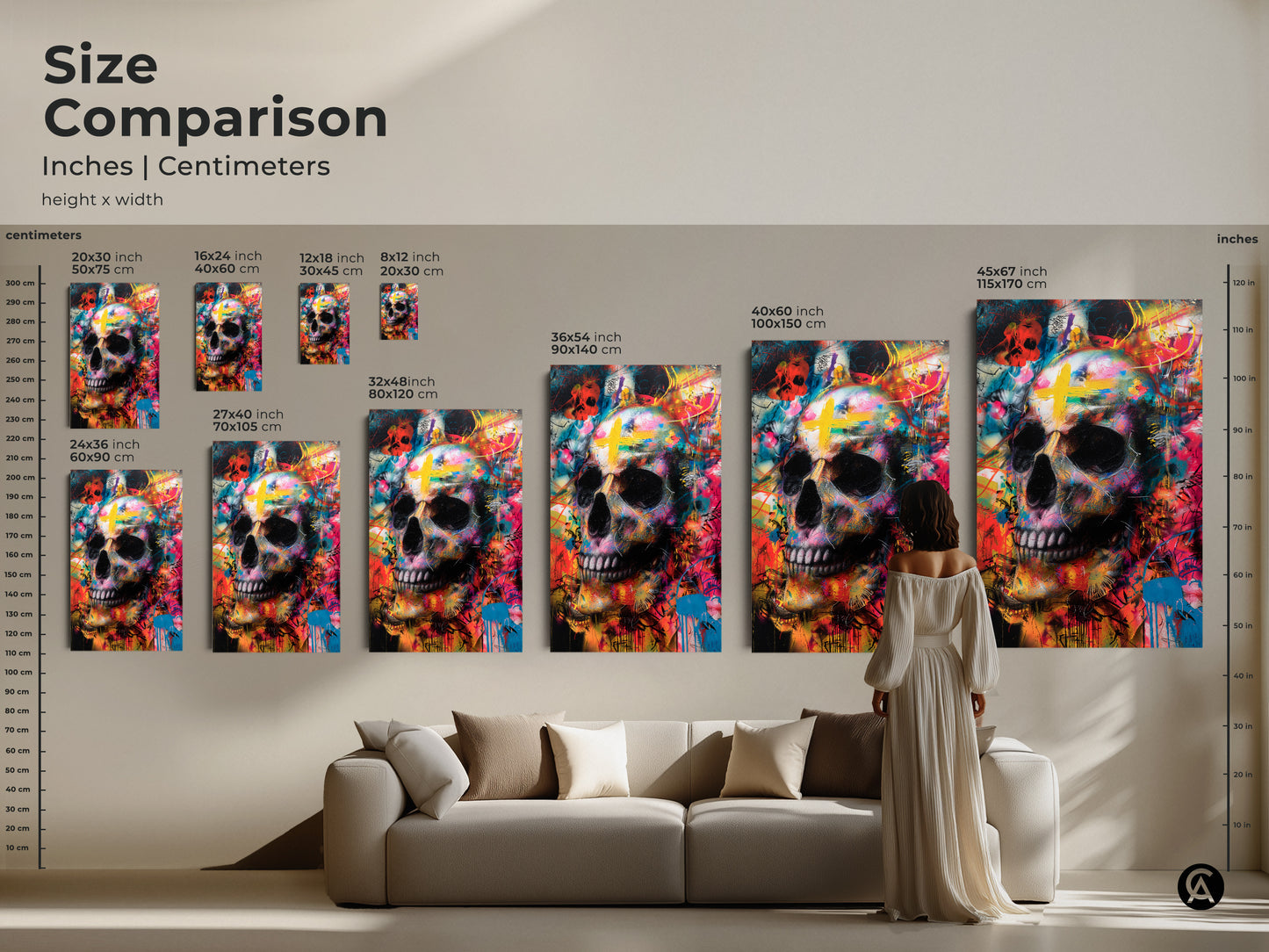Size comparison of skull art prints. See the artwork in various sizes inches and centimeters. Visualize how each size fits in a living room setting. Find the ideal size for your space.