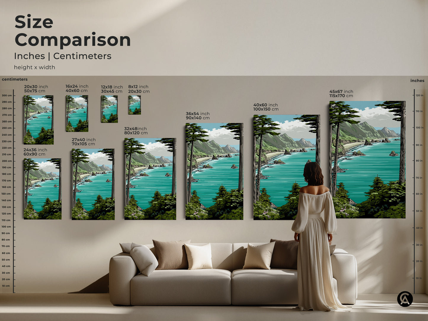 Size comparison of teal aqua mountain coastal art prints. See how different sizes fit above a sofa providing a visual guide for selecting the perfect artwork for your space. Ideal coastal living room canvas.