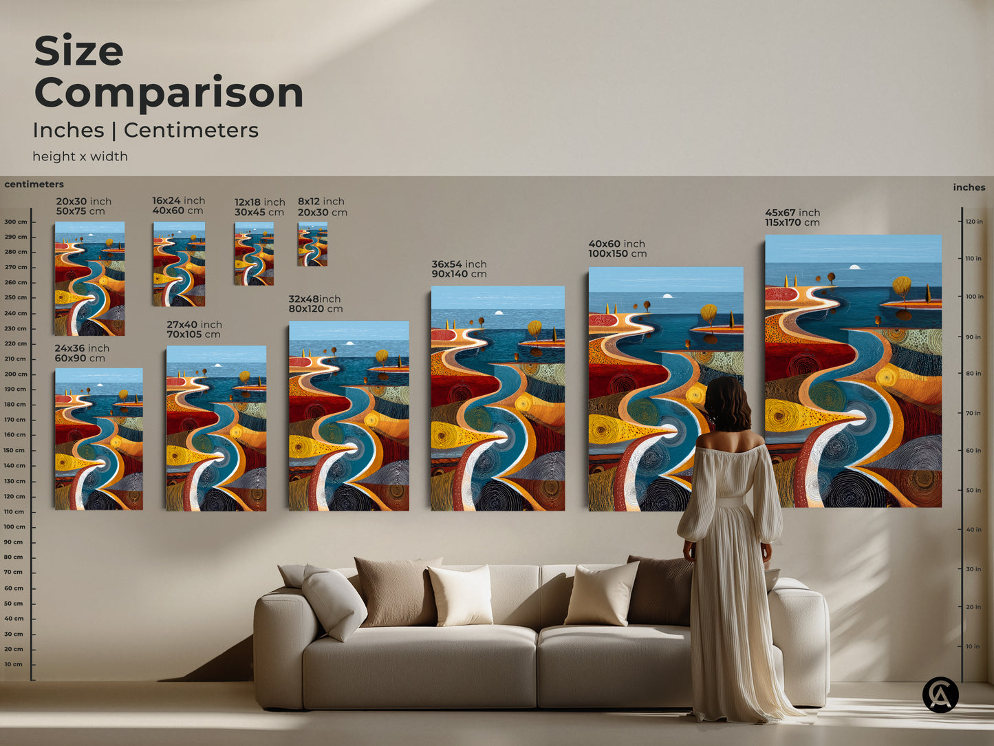 A size comparison of the abstract river path artwork. See how the canvas art fits above a sofa in various dimensions. Choose from multiple sizes to complement your living space. Includes both inches and centimeters.