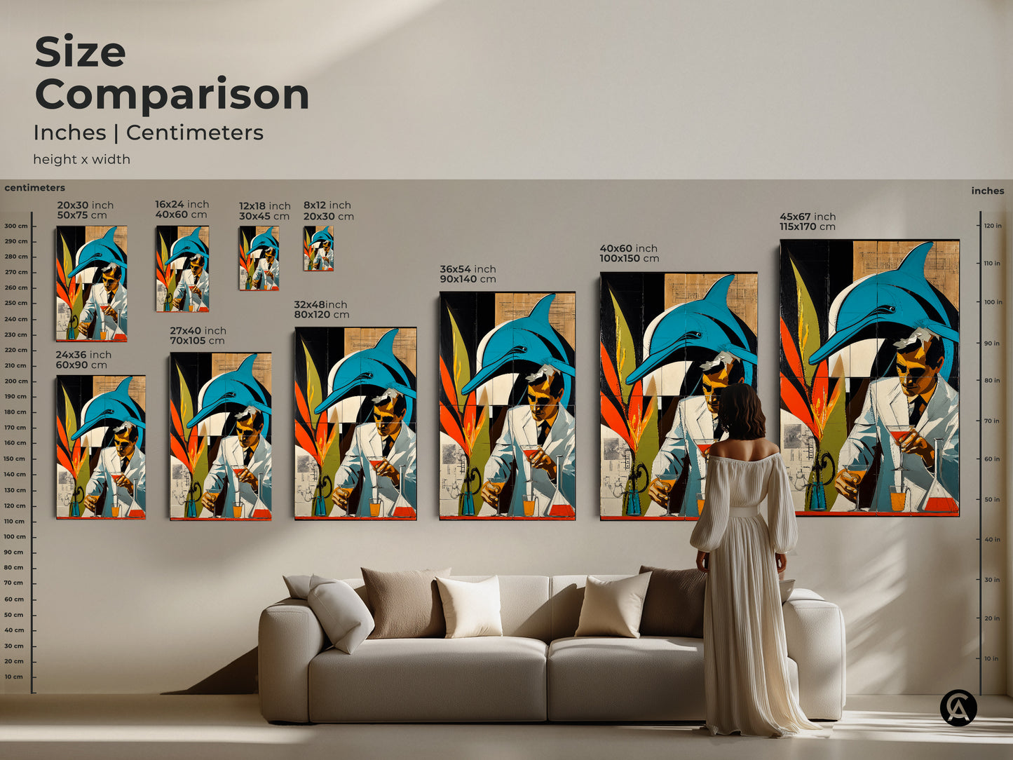 Size comparison photo of inches | centimeters of artwork. It features a surreal blend of retro futurism and marine life featuring a dolphin and a scientist. The canvas and poster artwork comes in a variety of sizes to fill your space for your art needs.