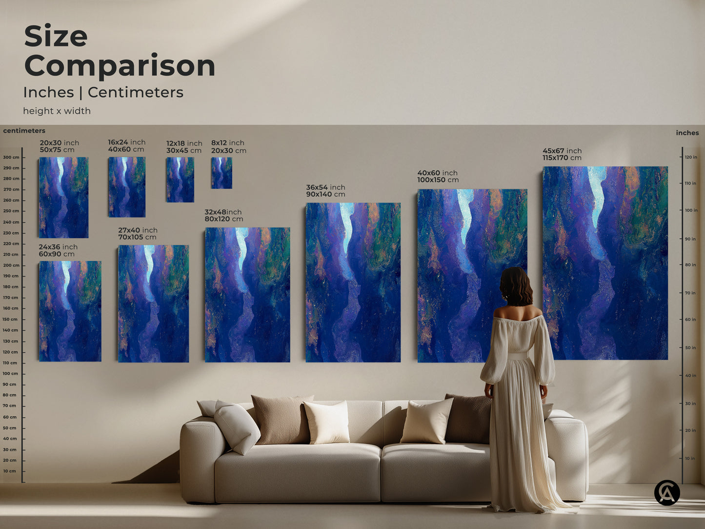 Size comparison of abstract fluid art prints in inches and centimeters. See how deep blue purple canvas art fits above a sofa. Ideal for modern living room decor. Find the perfect size for your space today.