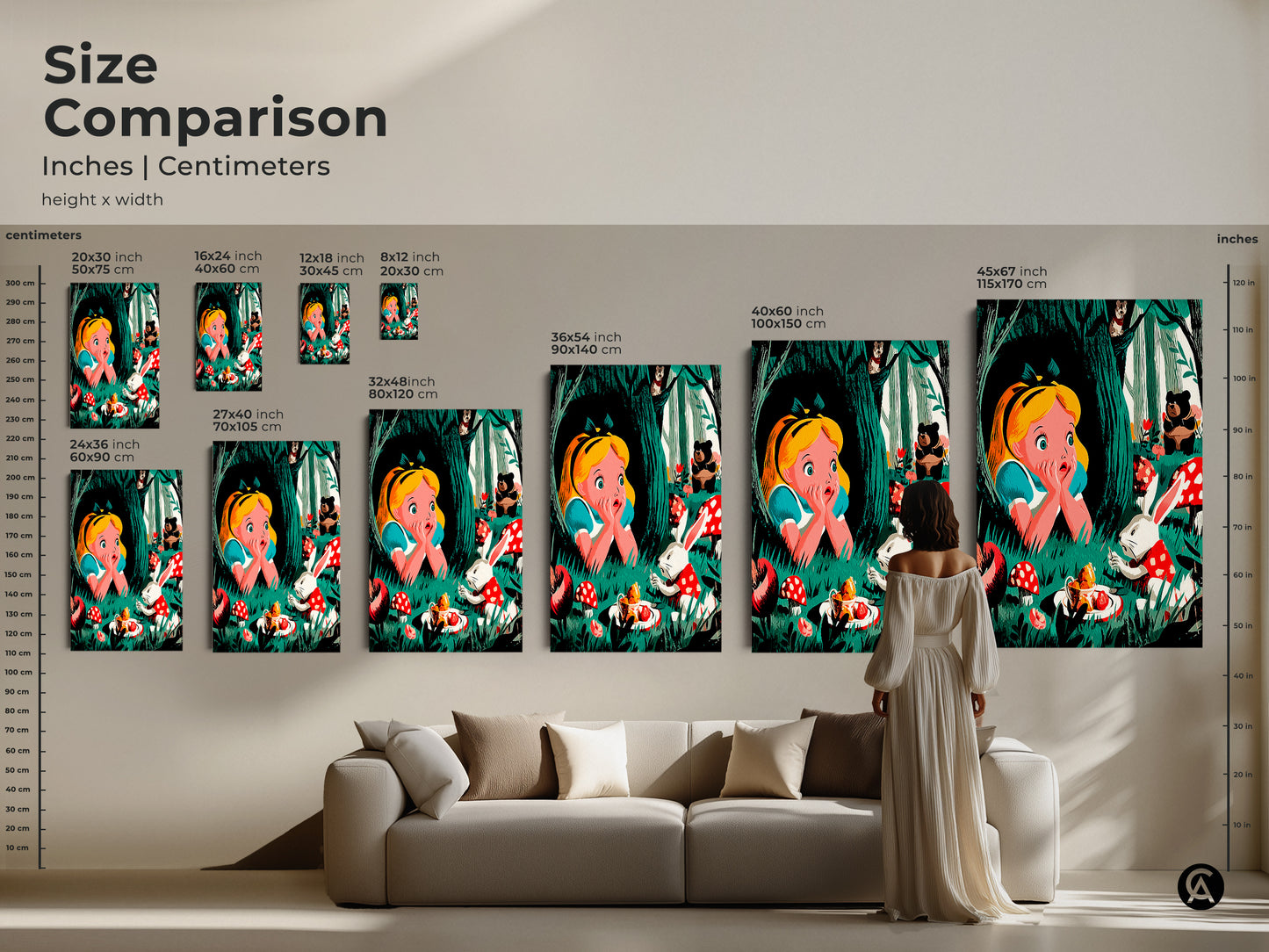 This size comparison illustrates Alice in Wonderland artwork. It displays options from small to large sizes in inches and centimeters. See how each canvas transforms a living space with whimsical animal art. Decorate your kids room with this perfect fairytale art.