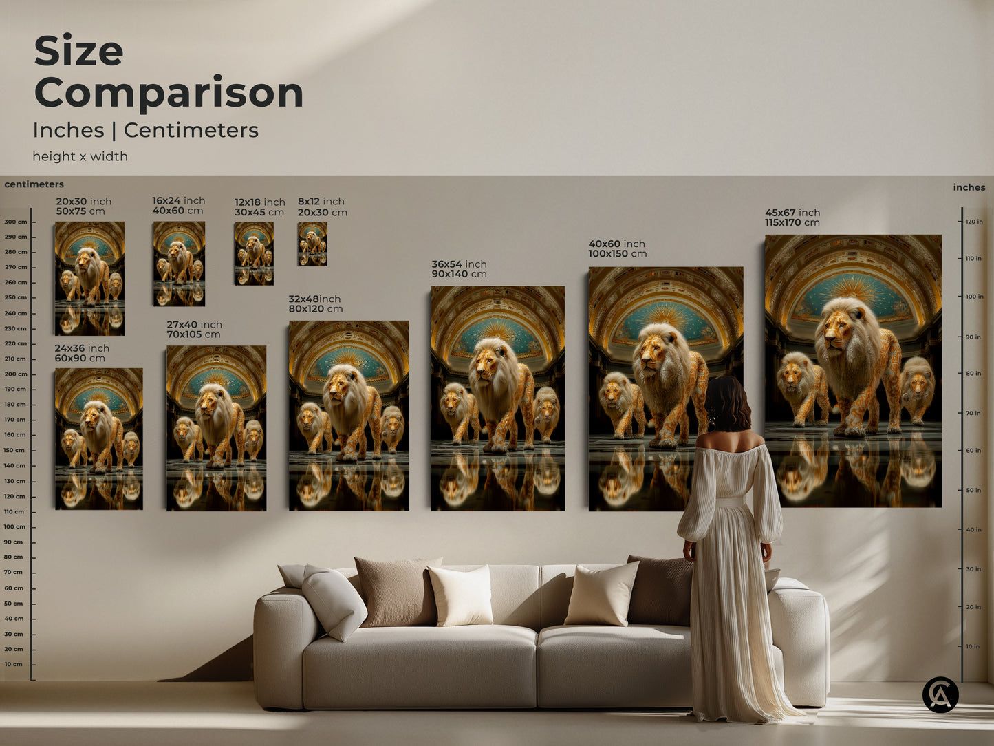 Compare sizes of the abstract gold lion art in inches and centimeters. From 16x24 to 45x67 inches this majestic animal painting fits any space. This animal royalty decor works well as a unique office wall decor or housewarming gift.