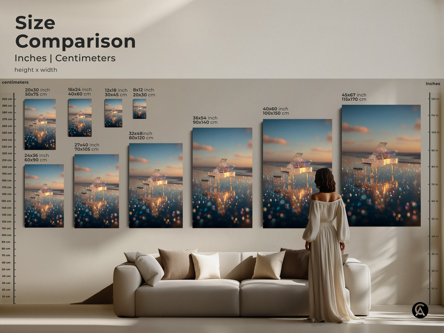 Compare sizes of our crystal piano artwork. See how each size fits above a sofa. Options range from small to extra-large. Choose the perfect size for your living room or office. Visualize the impact of each piece in your space. Find the ideal artwork to enhance your decor today.